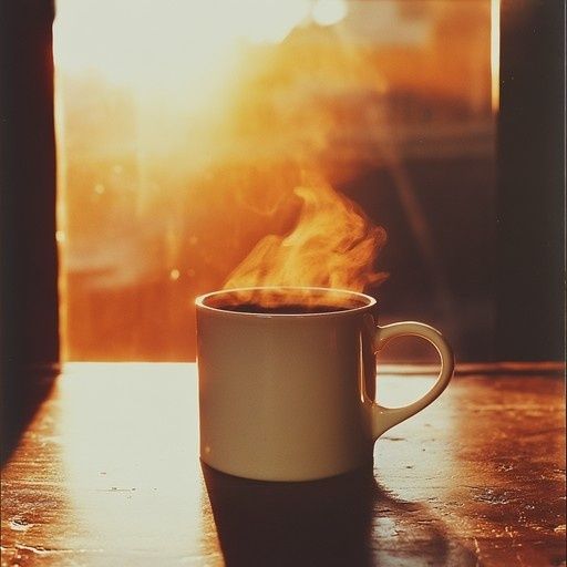 Steaming mug of coffee glowing in warm morning window light